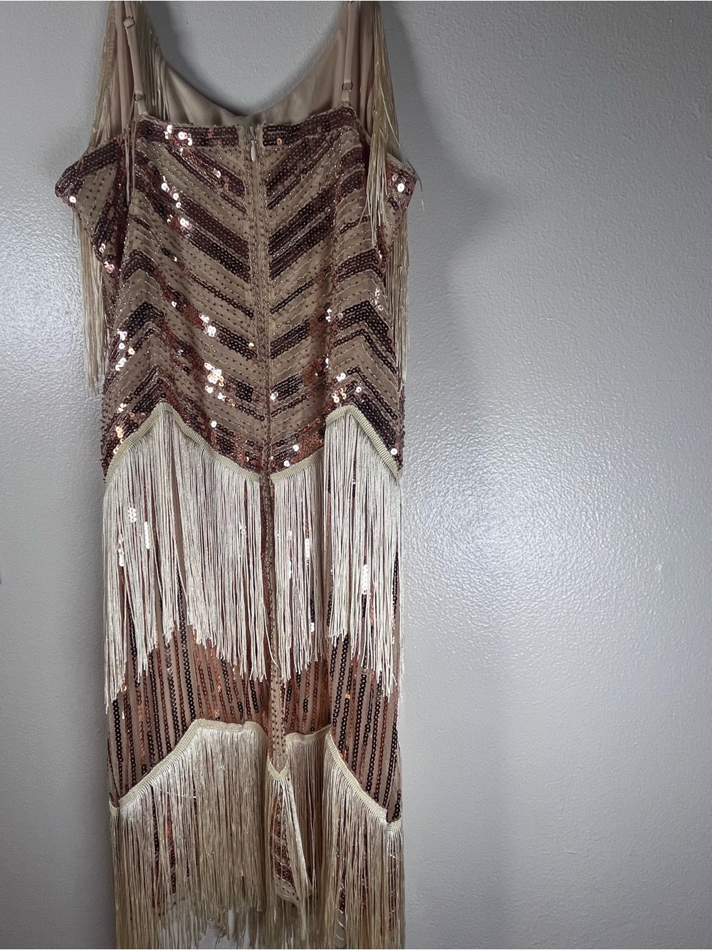 Great Gatsby Inspired Sequin Fringe Maxi Dress in Brown & Cream.